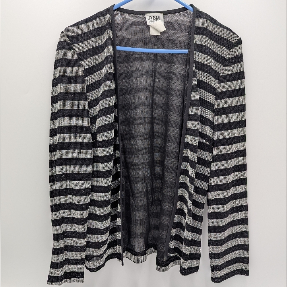 R&M Richards Black Sheer Mesh Stripe Open Cardigan Mob Wife Evening 8 Made In US